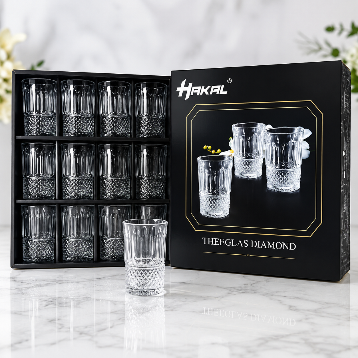 Verres à thé Diamond Hakal 12 pièces avec boîte noire élégante
