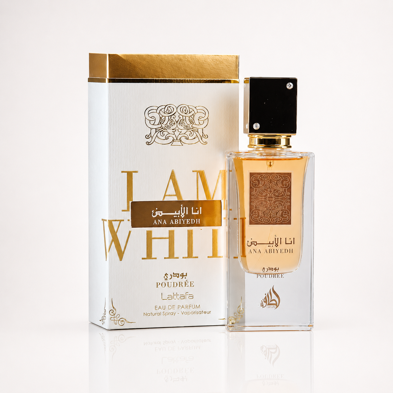 Parfum Ana Abiyedh Poudrée Lattafa eau de parfum avec boîte blanche et dorée